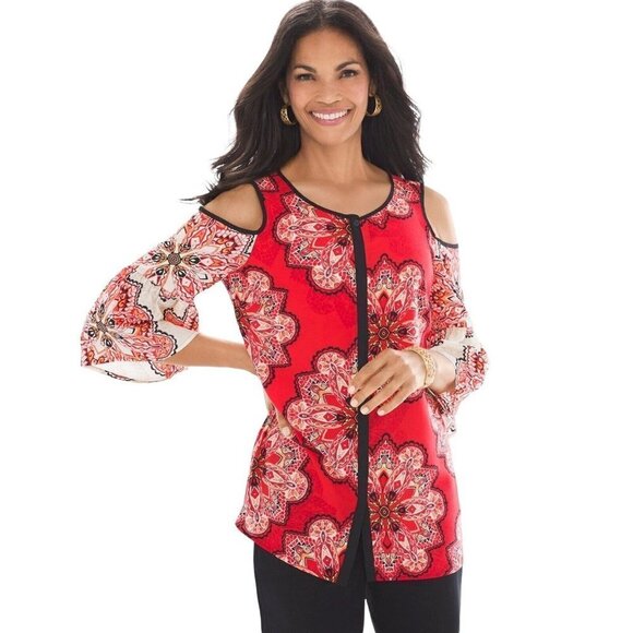 Chico’s Tiled Spice Cold Shoulder top Blouse size 1 M/8‎ - Picture 1 of 11